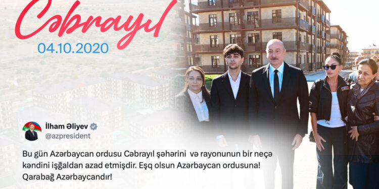 Prezident İlham Əliyev Cəbrayıl şəhərinin işğaldan azad edilməsinin ildönümü ilə bağlı paylaşım edib